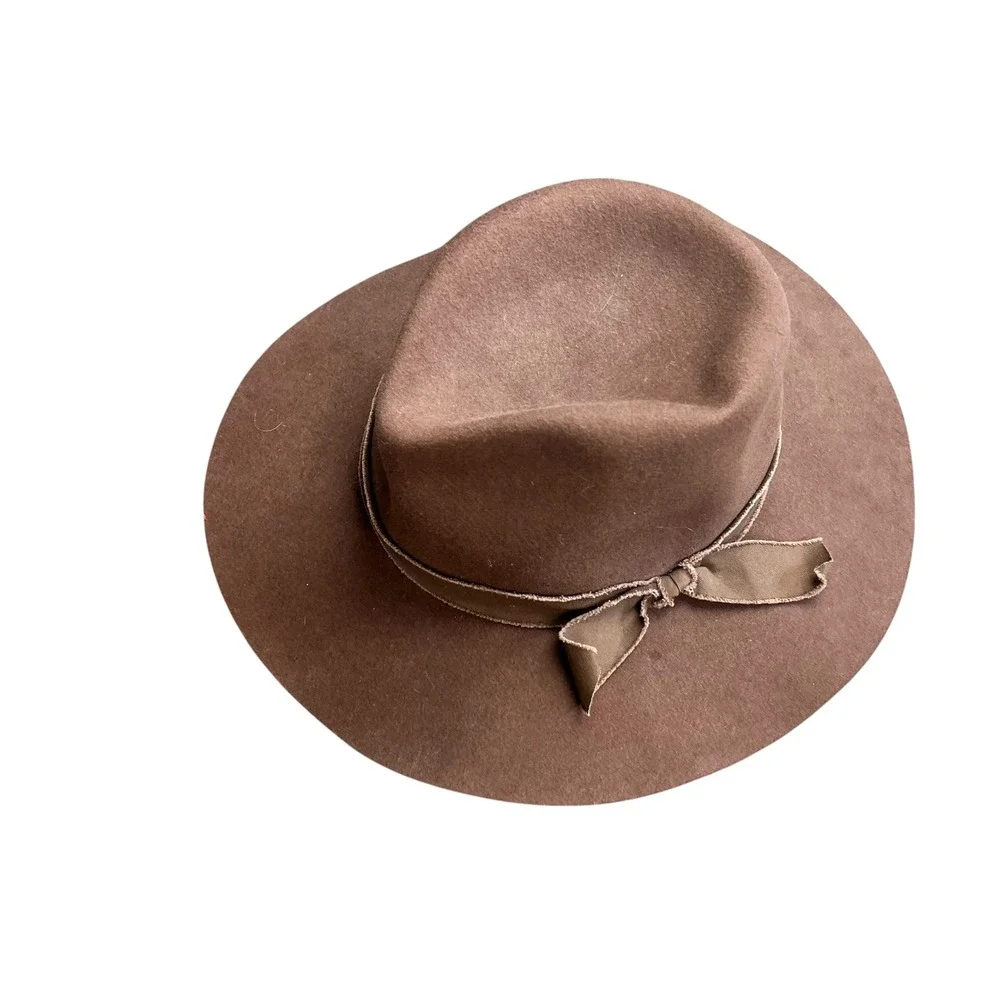 Olive & Pique Brown Wool Wide Brim Fedora Hat Adjustable Boho Ribbon Trim NWT